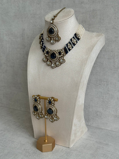 Ayura Designs Rahi Necklace Set with Earrings & Tikka – Ink Blue Stones with Mirror-Cut Detailing & Pearl Strands