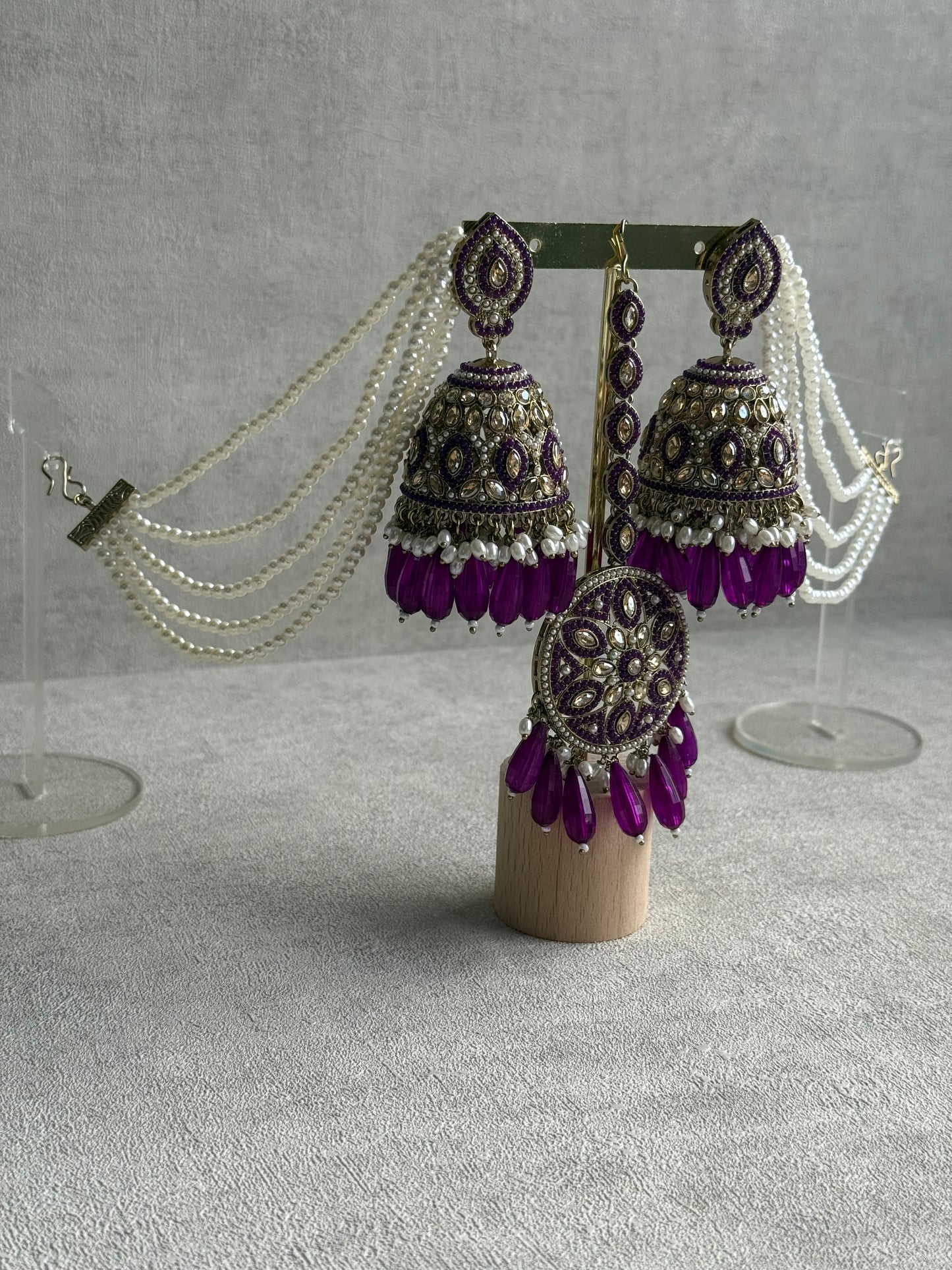 Ayura Designs Amrita Set – Jhumkis with Sahare & Tikka in Berry Purple, Pearls and Antique Gold Finish