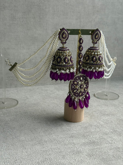 Ayura Designs Amrita Set – Jhumkis with Sahare & Tikka in Berry Purple, Pearls and Antique Gold Finish