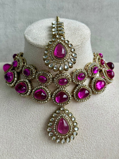 Ayura Designs Tamara Set with Necklace, Earrings & Tikka – Fuchsia Stones, Kundan Borders & Antique Gold Finish