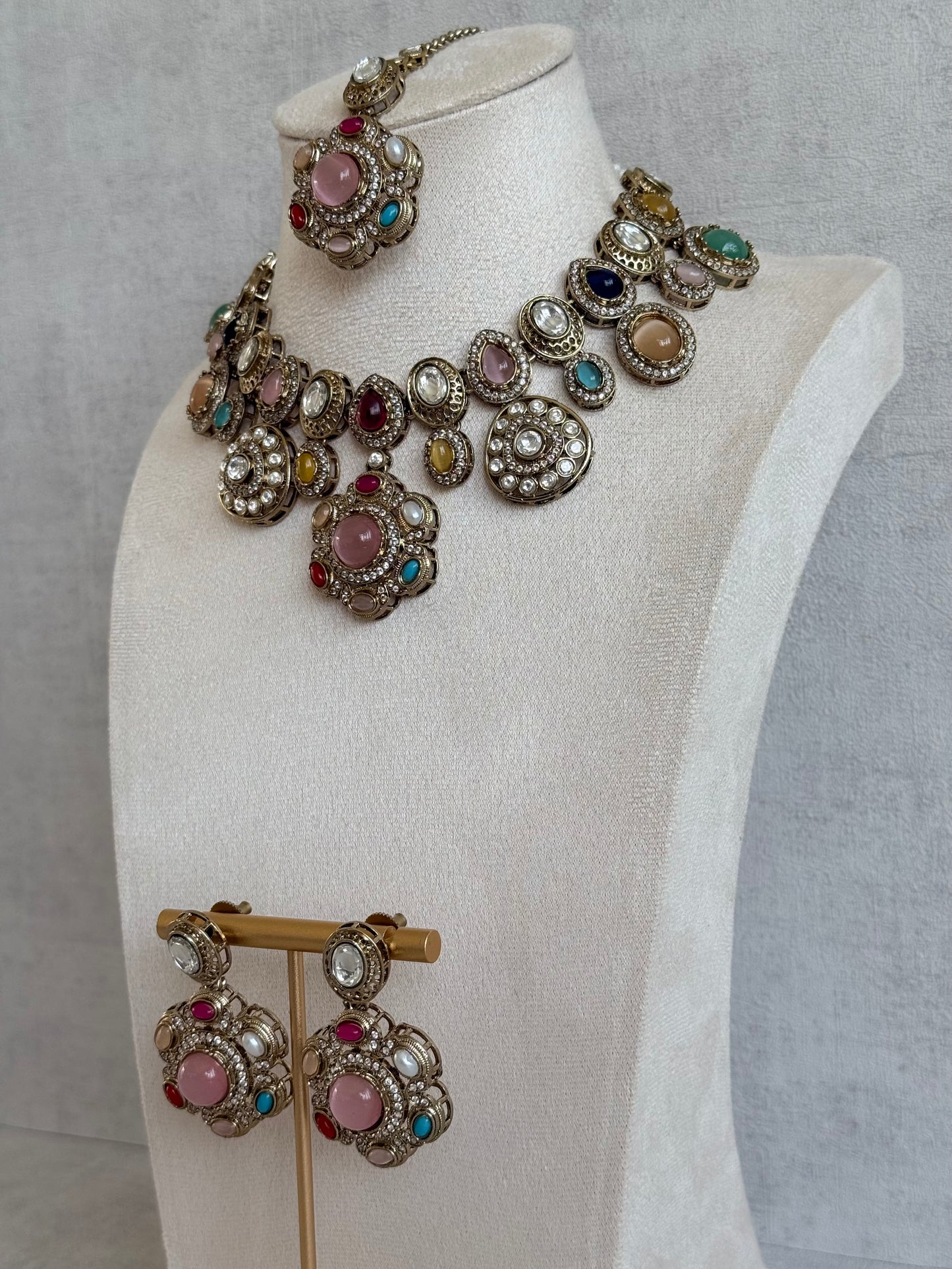 Ayura Designs Elvira Necklace Set with Earrings & Tikka – Multicolour Stone Necklace with Pink Centre Stones & Pearl Detailing