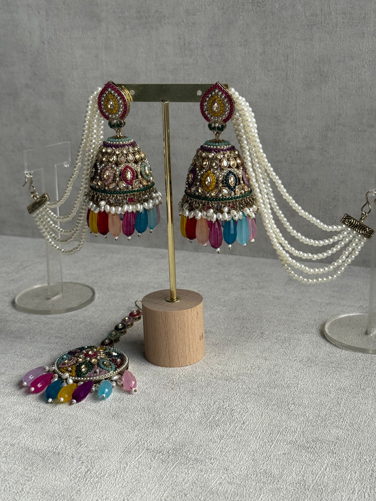 Ayura Designs Amrita Set – Jhumkis with Sahare & Tikka in Multicolour Beads, Pearls and Antique Gold Finish