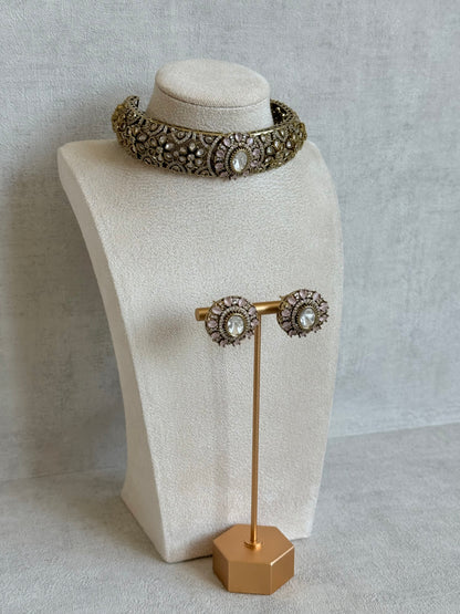 Ayura Designs Genevieve Choker Set with Studs – Blush Pink Crystal Kundan in Antique Gold