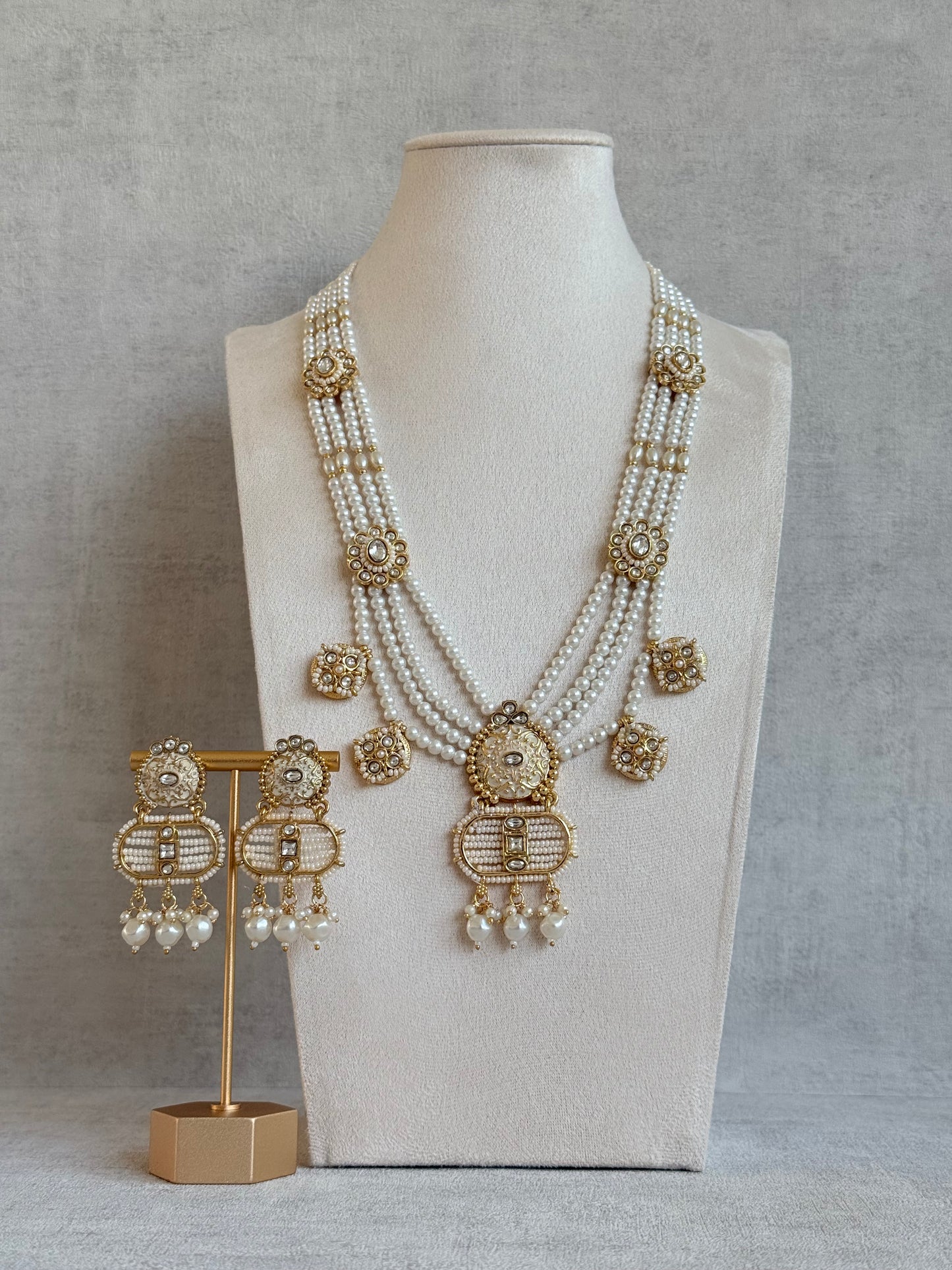 Ayura Designs Krisa Necklace Set with Earrings – Long Kundan Necklace with Pearl Strands & Gold Detailing