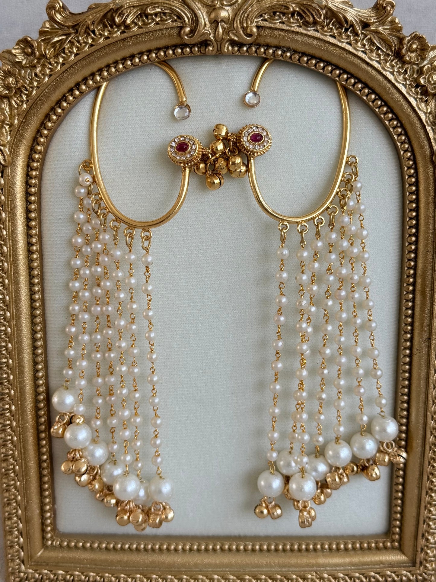 Ayura Designs Nargiza Ear Cuffs – Pearl Tassel Ear Cuffs with Ghungroo Detailing & Ruby Stone Accents
