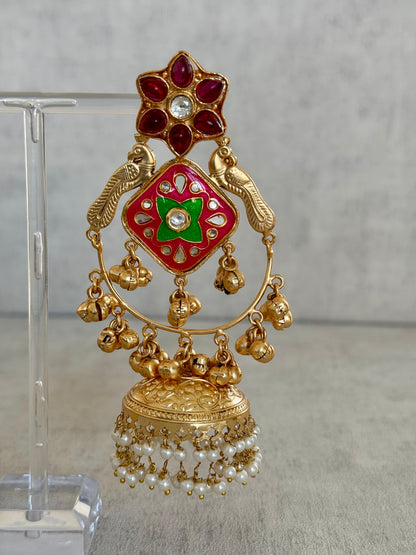 Ayura Designs Farida Earrings – Brass Jhumka Earrings with Ruby & Green Enamel, Bird Motifs and Pearl Dangling Drops