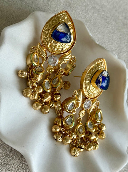 Ayura Designs Arheer Earrings – Sapphire Blue Marble with Kundan Detailing & Antique Gold Ghungroos
