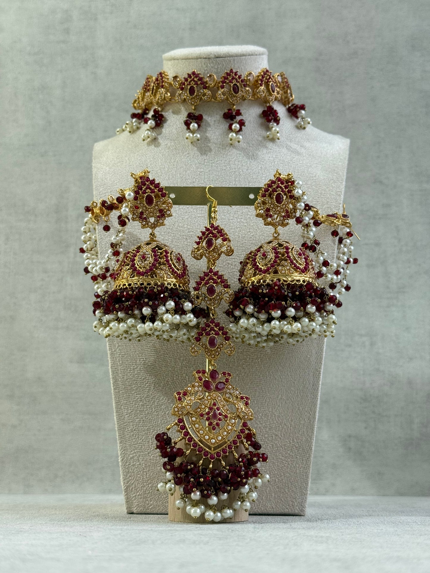 Ayura Designs Noor Set – Choker, Jhumkis with Sahare & Tikka in Maroon with Pearl Detailing