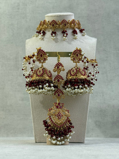 Ayura Designs Noor Set – Choker, Jhumkis with Sahare & Tikka in Maroon with Pearl Detailing