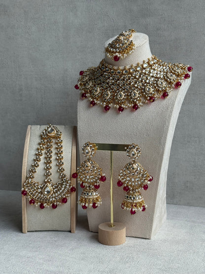 Ayura Designs Suhag Set – Bridal Necklace, Jhumkis & Tikka with Pink Beads, Pearl Detailing & Gold-Finish Kundan