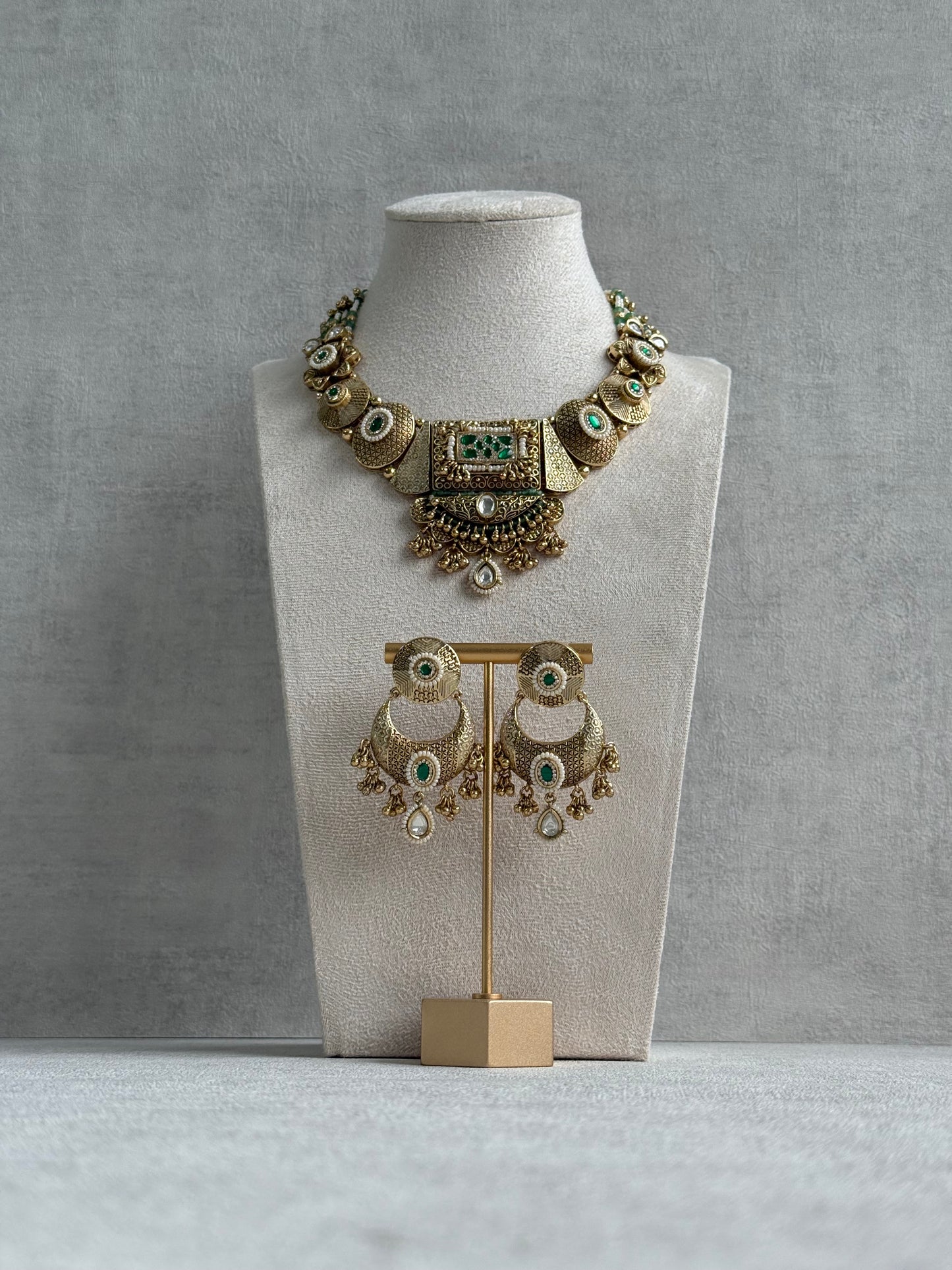 Ayura Designs Purvi Set – Necklace & Earrings with Antique Gold Filigree, Emerald & Pearl Detailing