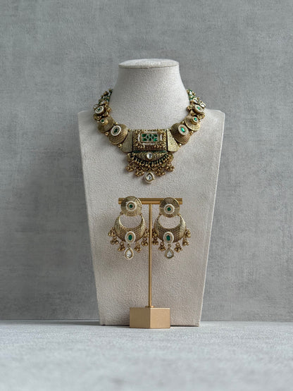 Ayura Designs Purvi Set – Necklace & Earrings with Antique Gold Filigree, Emerald & Pearl Detailing