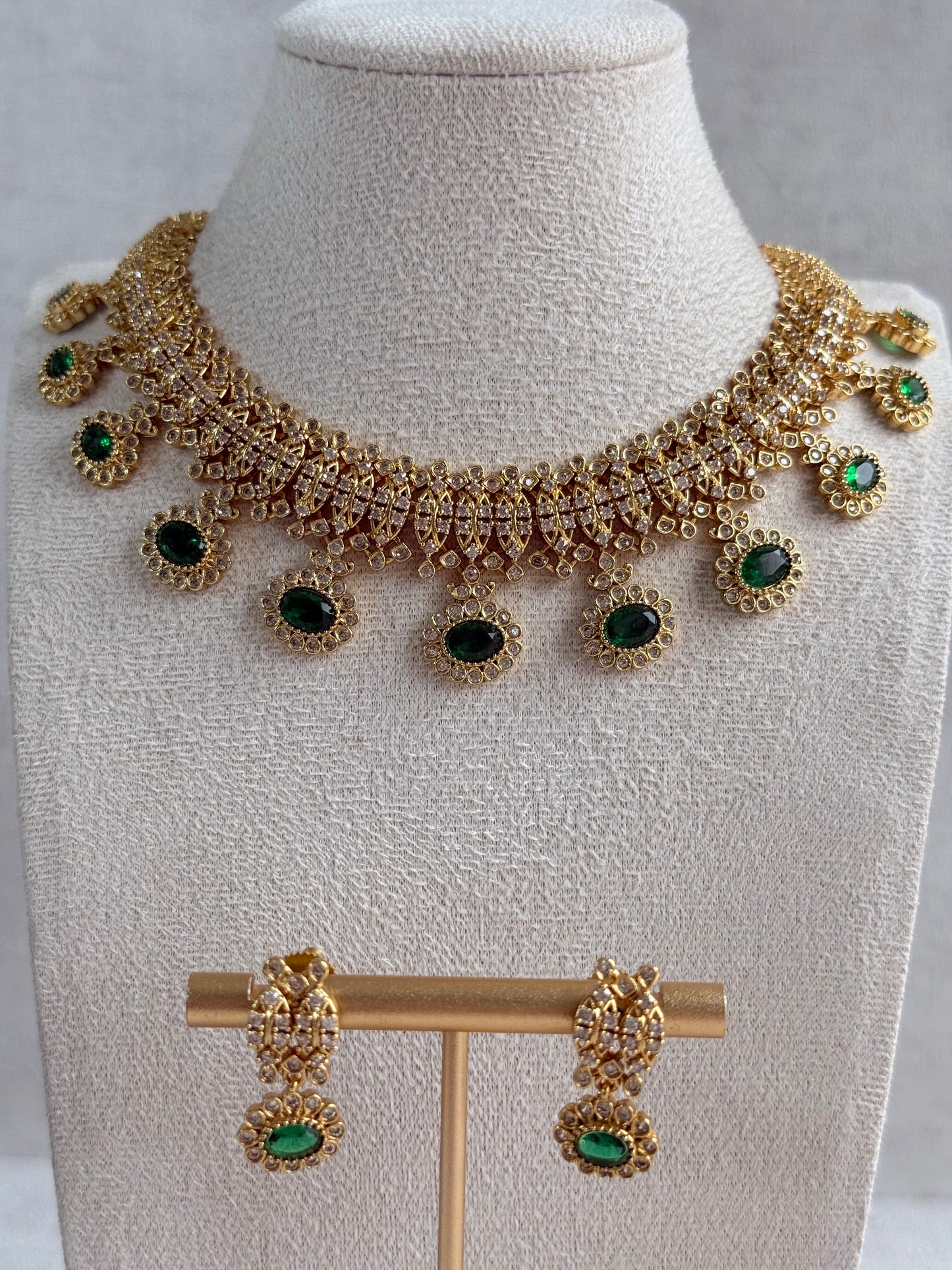 Ayura Designs Elisha Necklace Set with Earrings – Emerald Green & Crystal Stone Detailing