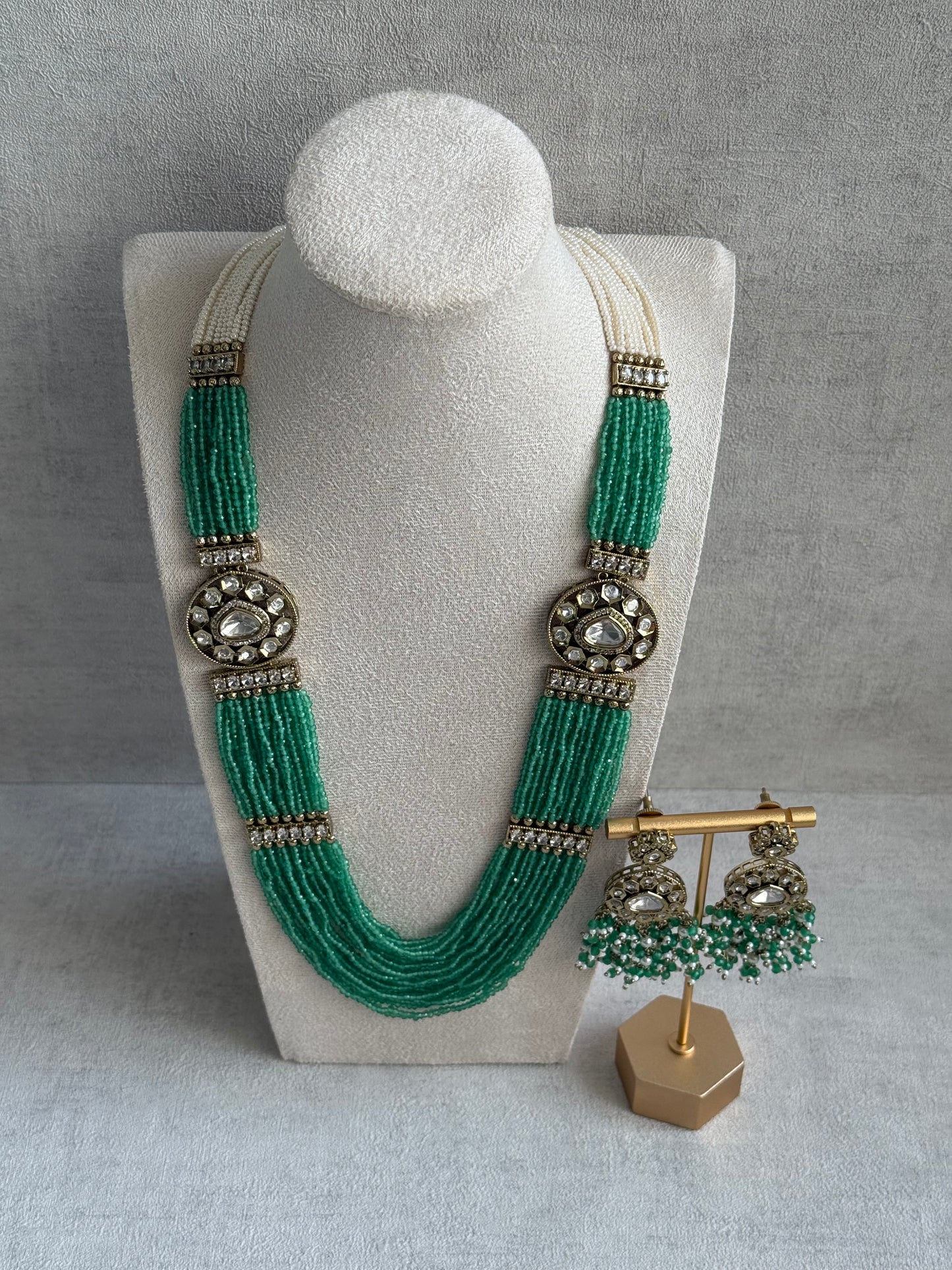 Ayura Designs Sienna Set – Long Layered Necklace & Earrings with Sea Green Beads, Mirror-Cut Kundan & Pearl Detailing