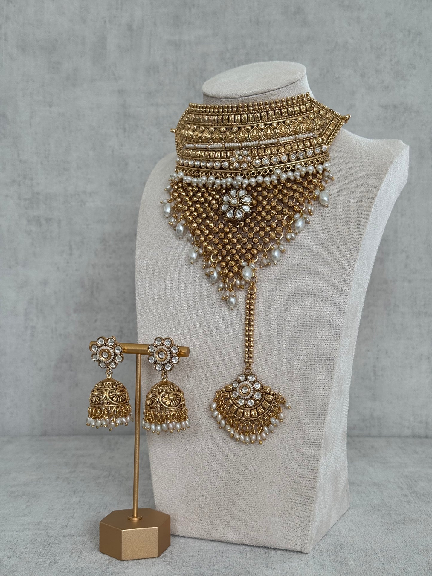 Ayura Designs Zuri Set with Tikka and Jhumkis - Antique Gold, Pearls and Kundan Work