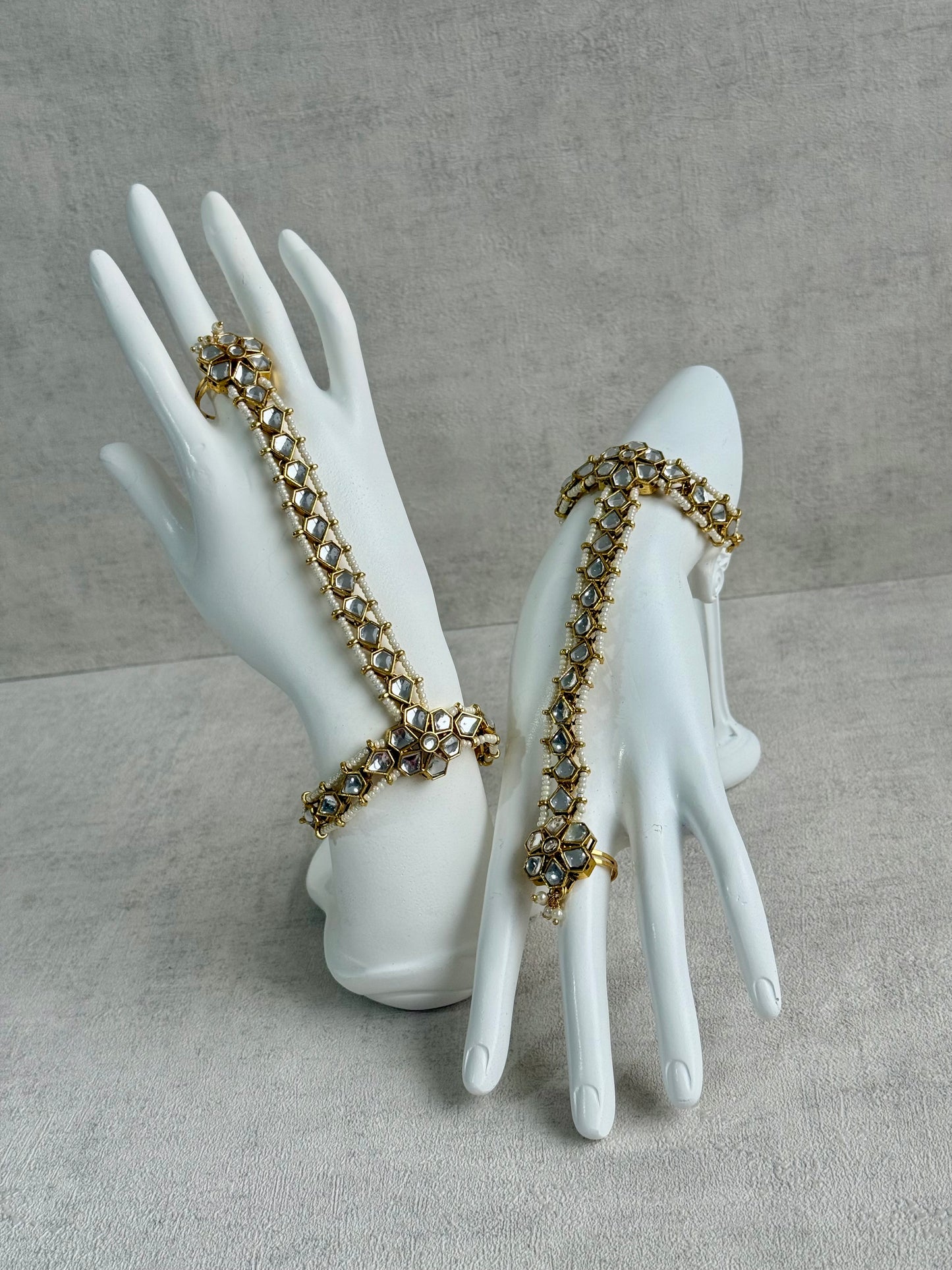 Ayura Designs Yara Haathphool – Mirror-Cut Stones with Pearl Bead Detailing in Antique Gold Finish