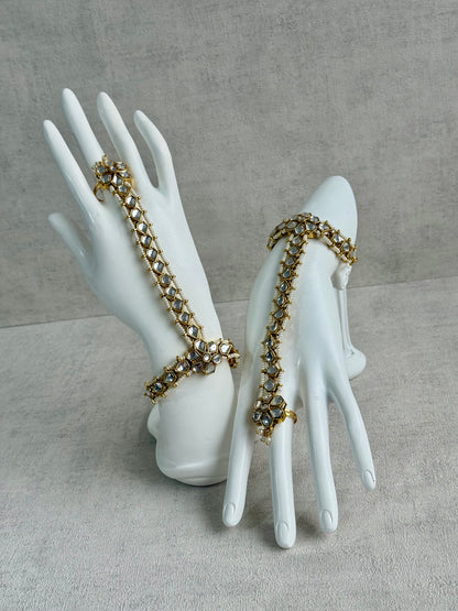 Ayura Designs Yara Haathphool – Mirror-Cut Stones with Pearl Bead Detailing in Antique Gold Finish