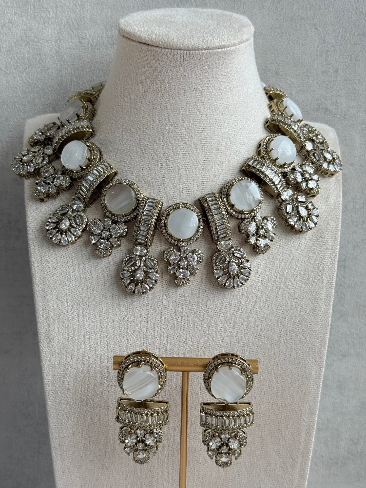 Ayura Designs Aabira Necklace Set with Earrings – White Marble Stones with Moissanite Style Detailing