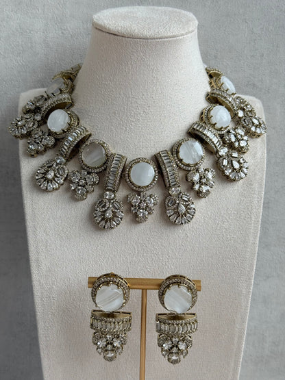 Ayura Designs Aabira Necklace Set with Earrings – White Marble Stones with Moissanite Style Detailing