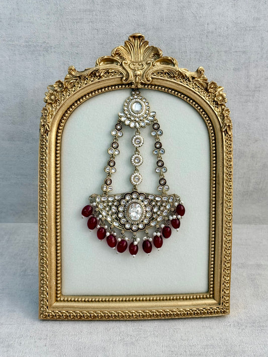 Ayura Designs Uma Jhoomar Passa – Ruby Red Drops with Kundan Stones & Antique Gold Finish