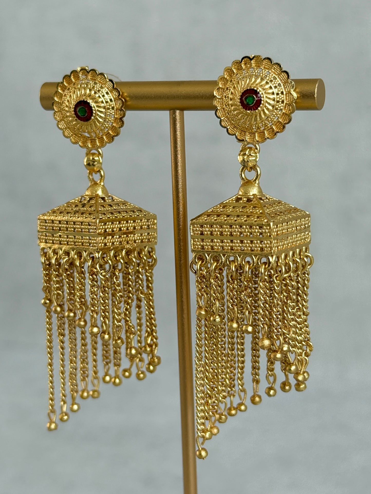 Ayura Designs Raati Jhumkis – Gold Chain Tassel Statement Earrings