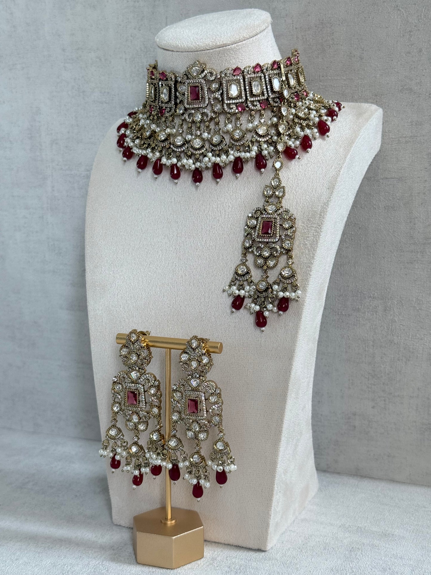 Ayura Designs Aisha Choker Set with Earrings & Tikka – Rani Pink Stones, Red Beads, Polki & Pearl Detailing