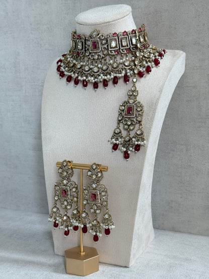 Ayura Designs Aisha Choker Set with Earrings & Tikka – Rani Pink Stones, Red Beads, Polki & Pearl Detailing