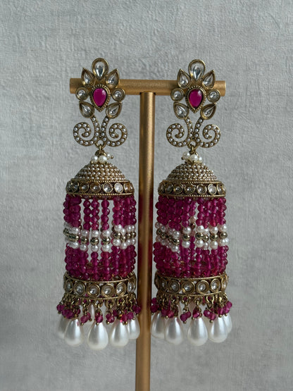 Ayura Designs Sage Earrings – Statement Jhumkis with Mirror-Cut Stones, Pearl Drops & Fuchsia Beads