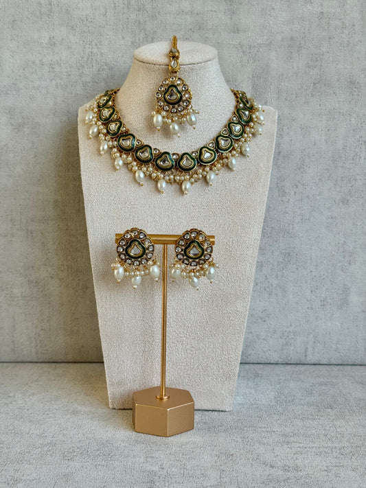 Ayura Designs Fariha Set with Studs & Tikka – Green Enamel, Mirror-Cut Stones & Pearl Drops