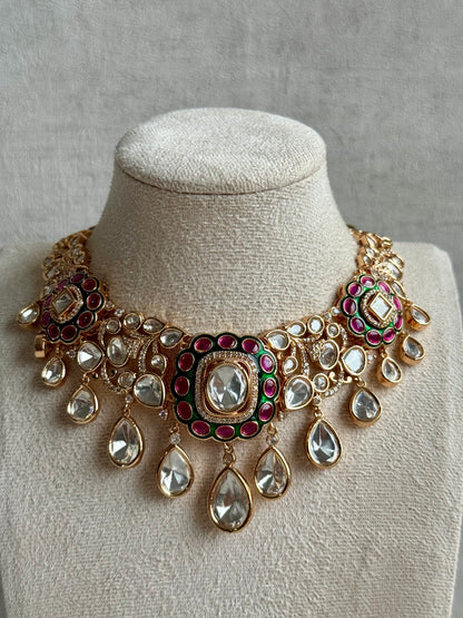 Ayura Designs Ishika Set – Kundan Necklace with Pink & Green Meenakari and Teardrop Crystals