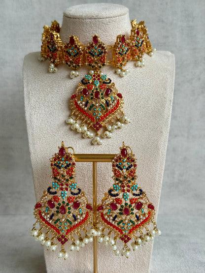 Ayura Designs Itrat Set with Choker, Earrings & Tikka – Antique Gold with Multicolour Stones & Pearl Detailing