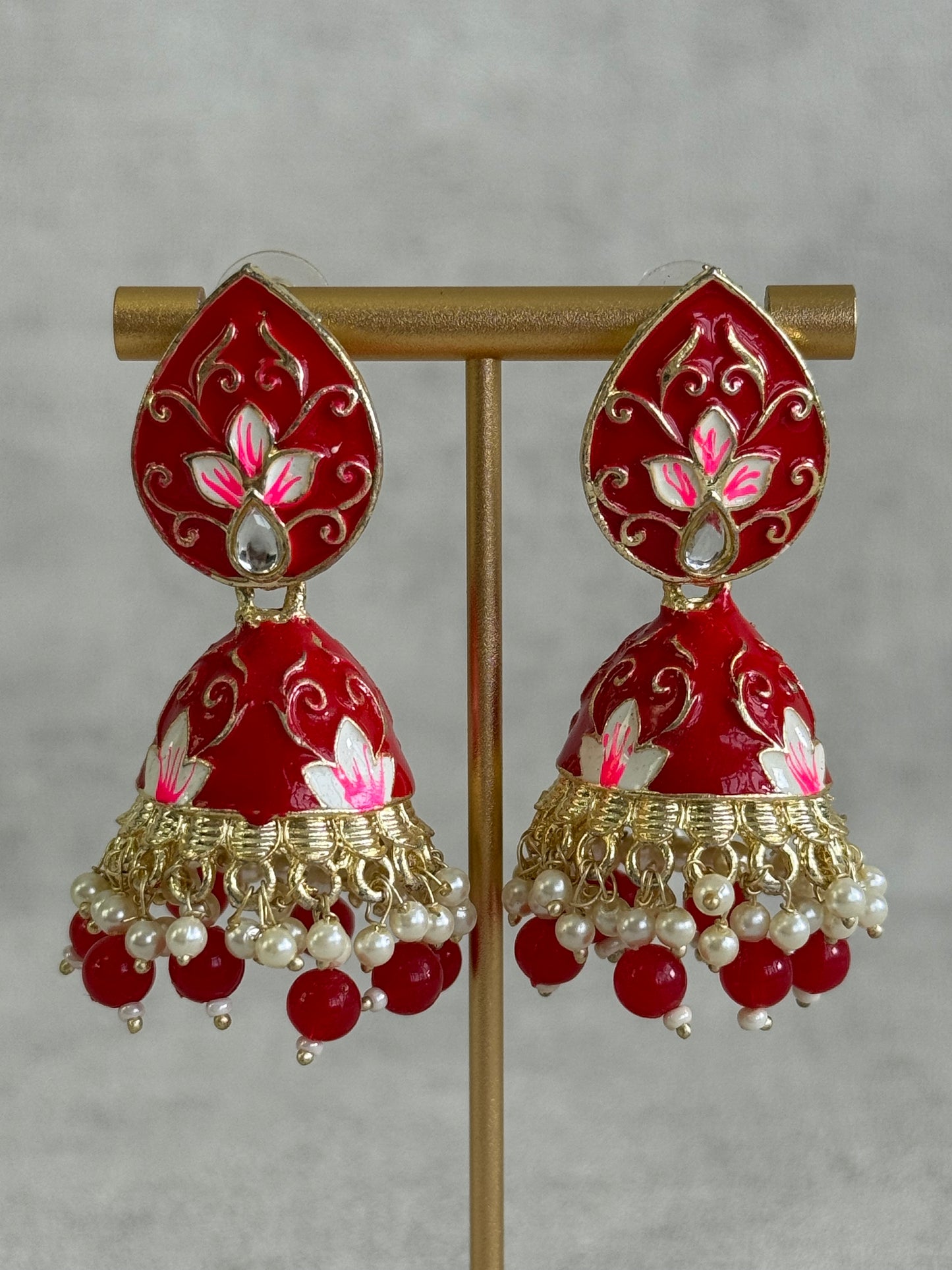 Ayura Designs Gia Jhumkis – Red Meenakari with Pink Lotus Motifs & Ivory Pearl Drops