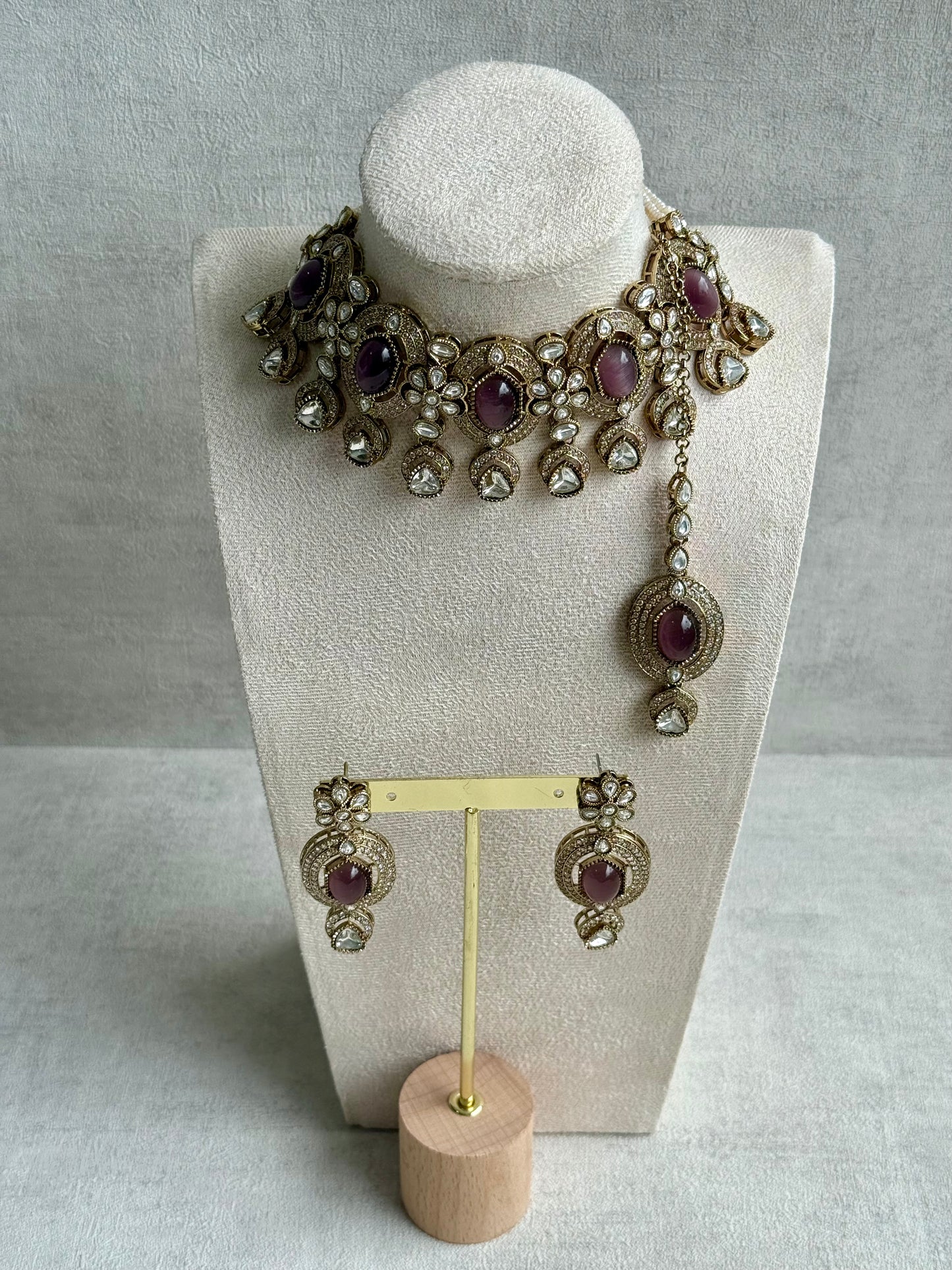 Ayura Designs Emanya Choker Set – Choker, Earrings & Tikka with Mirror-Cut Stones, Plum Mauve & Antique Gold Detailing
