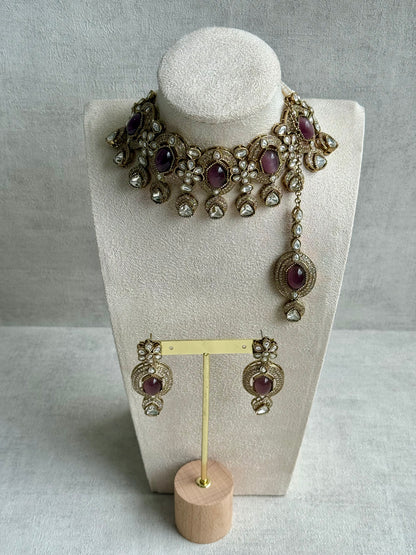 Ayura Designs Emanya Choker Set – Choker, Earrings & Tikka with Mirror-Cut Stones, Plum Mauve & Antique Gold Detailing