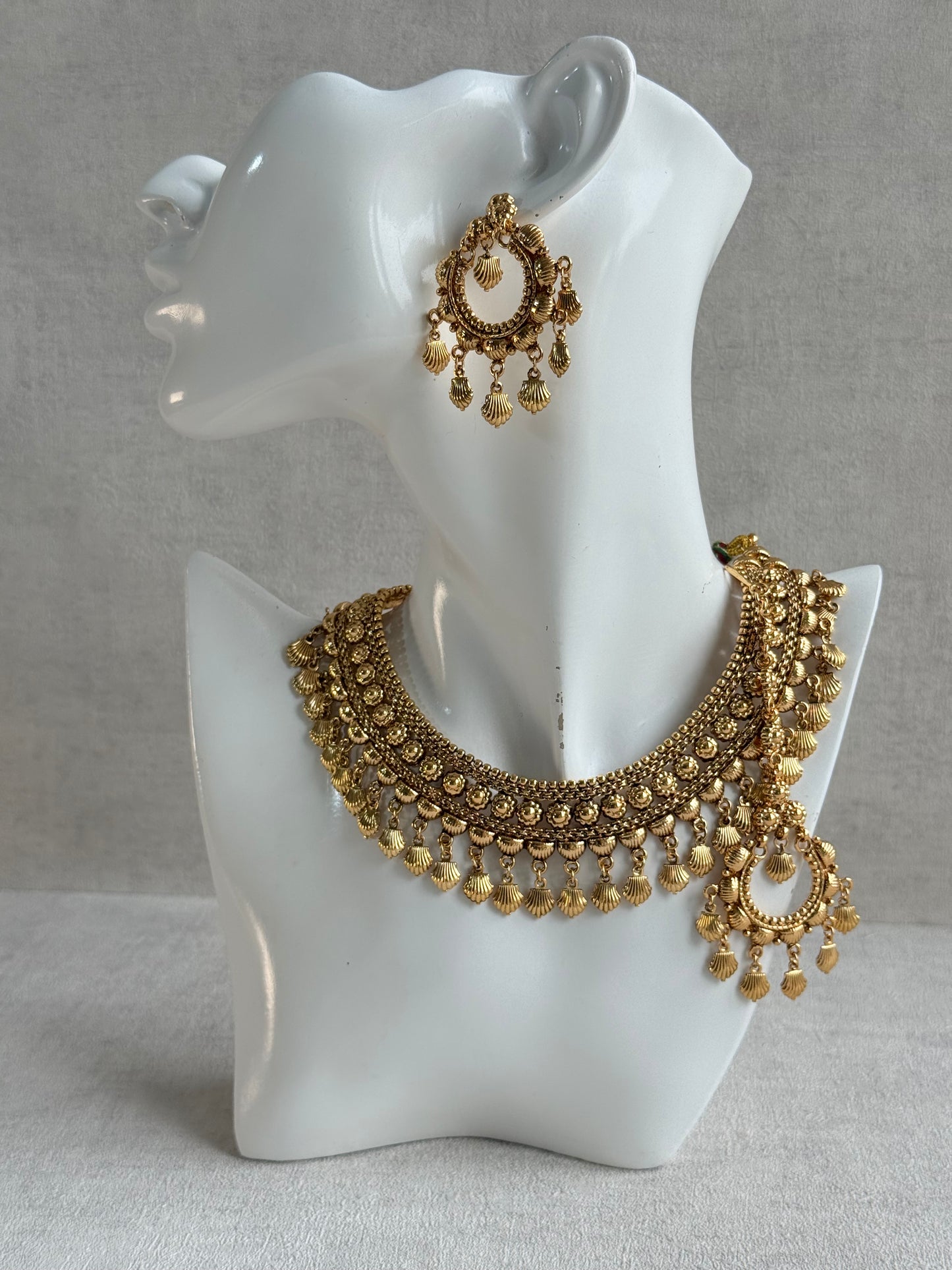 Ayura Designs Falaq Necklace Set with Earrings & Tikka – Gold Finish with Layered Chain, Floral & Shell Drop Detailing