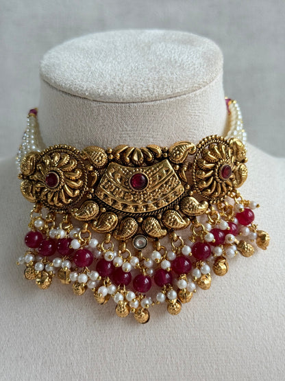 Ayura Designs Sairish Choker Set with Earrings & Tikka – Ruby Pink Beads, Pearl Detailing, Ghungroos, Paisley Motifs & Antique Gold Finish