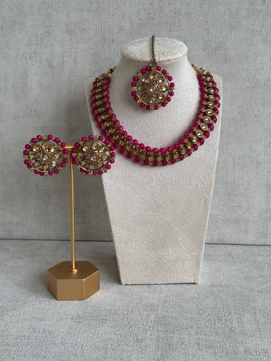 Ayura Designs Hala Set with Tikka & Studs – Magenta Beads & Champagne Kundan