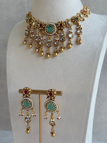 Ayura Designs Abira Necklace Set with Earrings – Kundan, Multicolour Stones, Pearl Detailing & Gold Finish