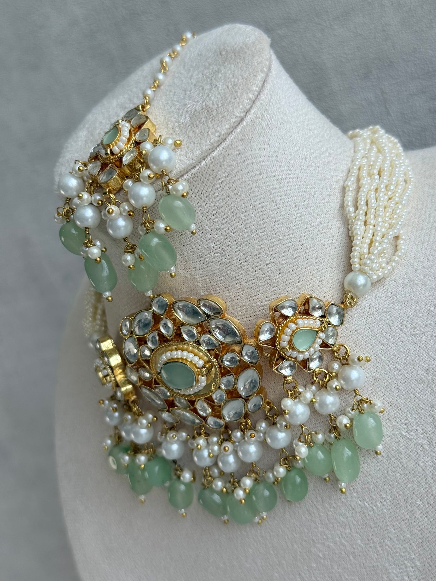 Ayura Designs Tasveer Pachi Kundan Choker Set with Earrings, Tikka & Mint Green Bead Detailing