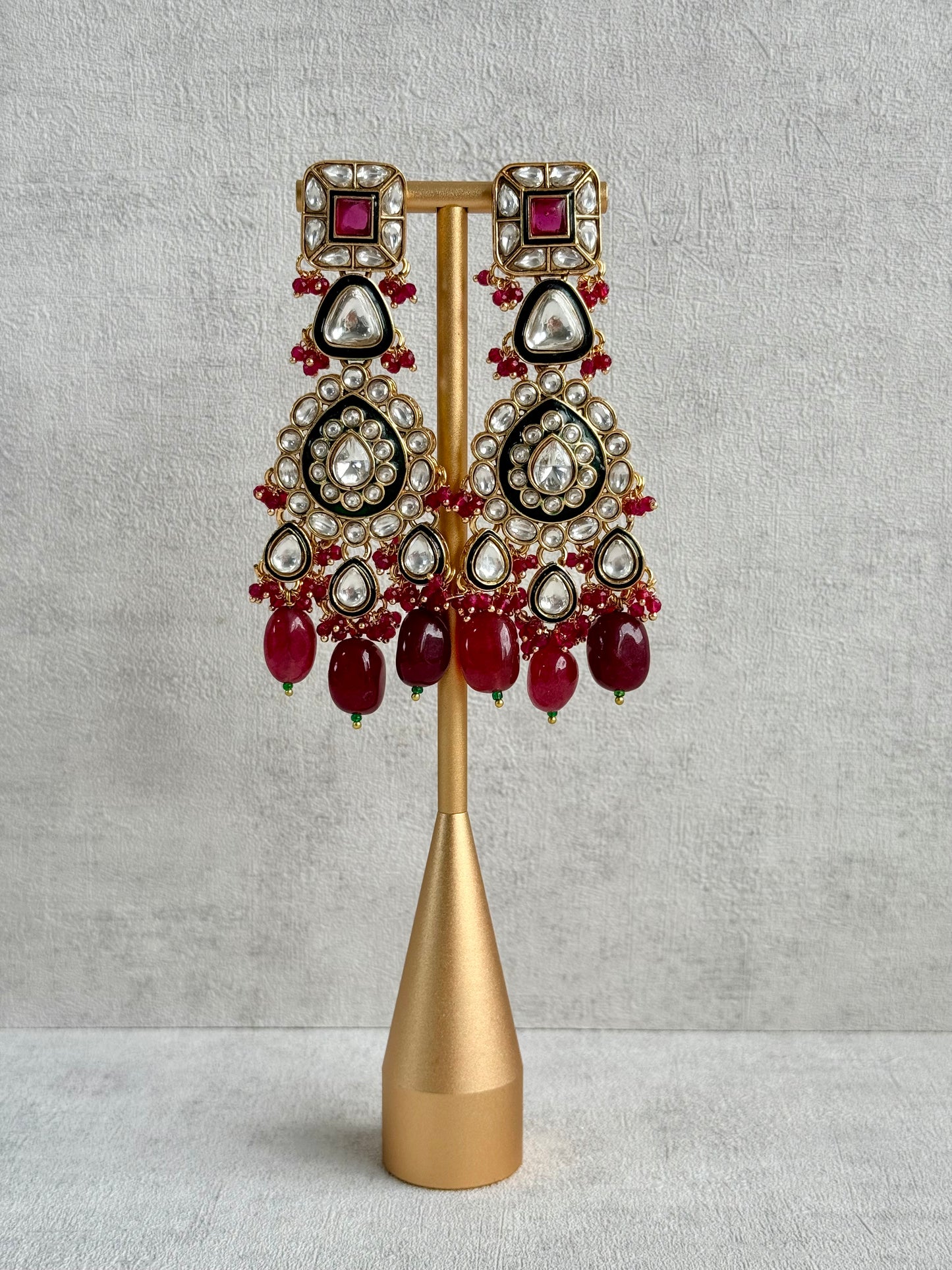 Ayura Designs Zahira Bridal Set with Necklace, Earrings & Tikka – Kundan Detailing with Green Enamel, Ruby Pink Stones & Maroon Bead Drops