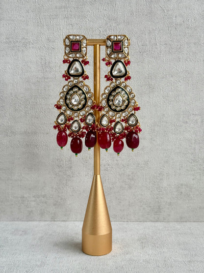 Ayura Designs Zahira Bridal Set with Necklace, Earrings & Tikka – Kundan Detailing with Green Enamel, Ruby Pink Stones & Maroon Bead Drops