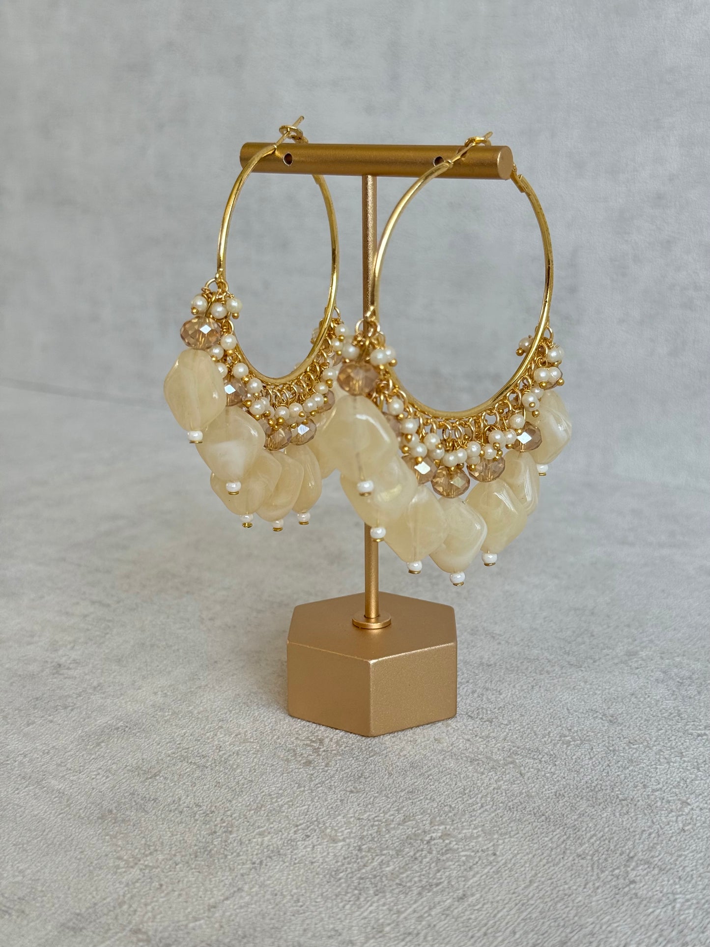 Ayura Designs Heer Balis – Gold Hoops with Ivory Pearl Marble Beads, Pearls & Crystal Detailing