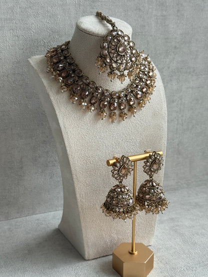 Ayura Designs Emaan Set with Jhumkis & Tikka – Champagne Stones, Antique Gold Finish & Crystal Detailing