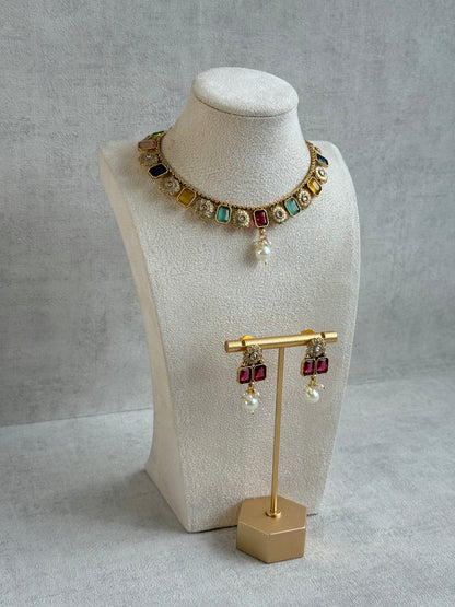 Ayura Designs Padma Necklace Set with Earrings – Multicolour Stones with Pearl Drop Detailing
