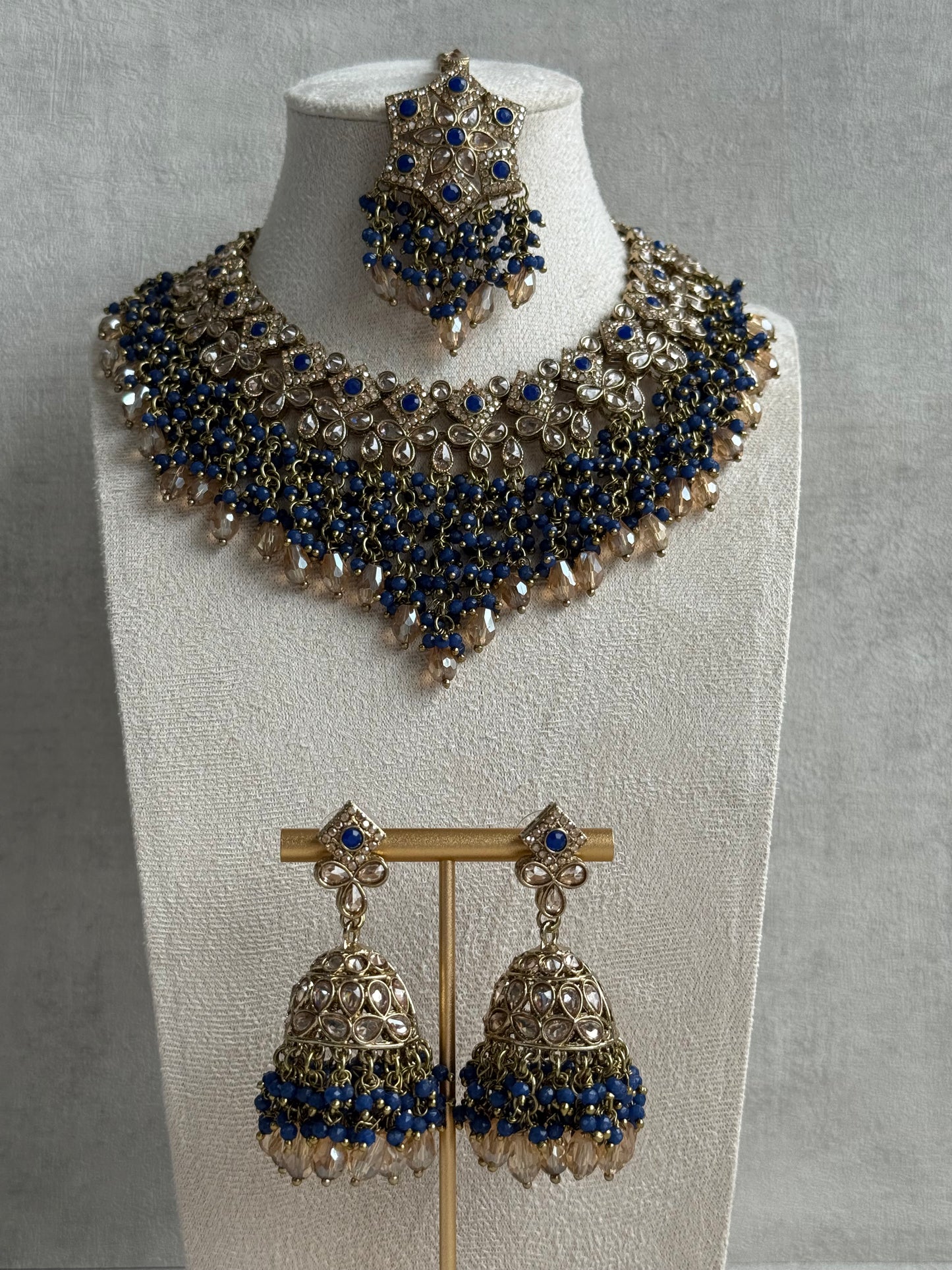 Ayura Designs Rayna Set with Necklace & Tikka – Champagne Crystals, Ink Blue Beads & Antique Gold Finish