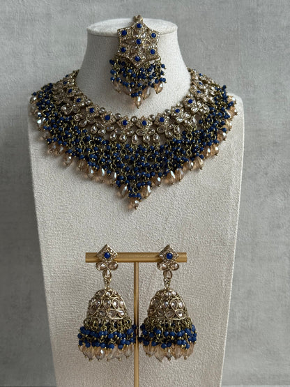 Ayura Designs Rayna Set with Necklace & Tikka – Champagne Crystals, Ink Blue Beads & Antique Gold Finish