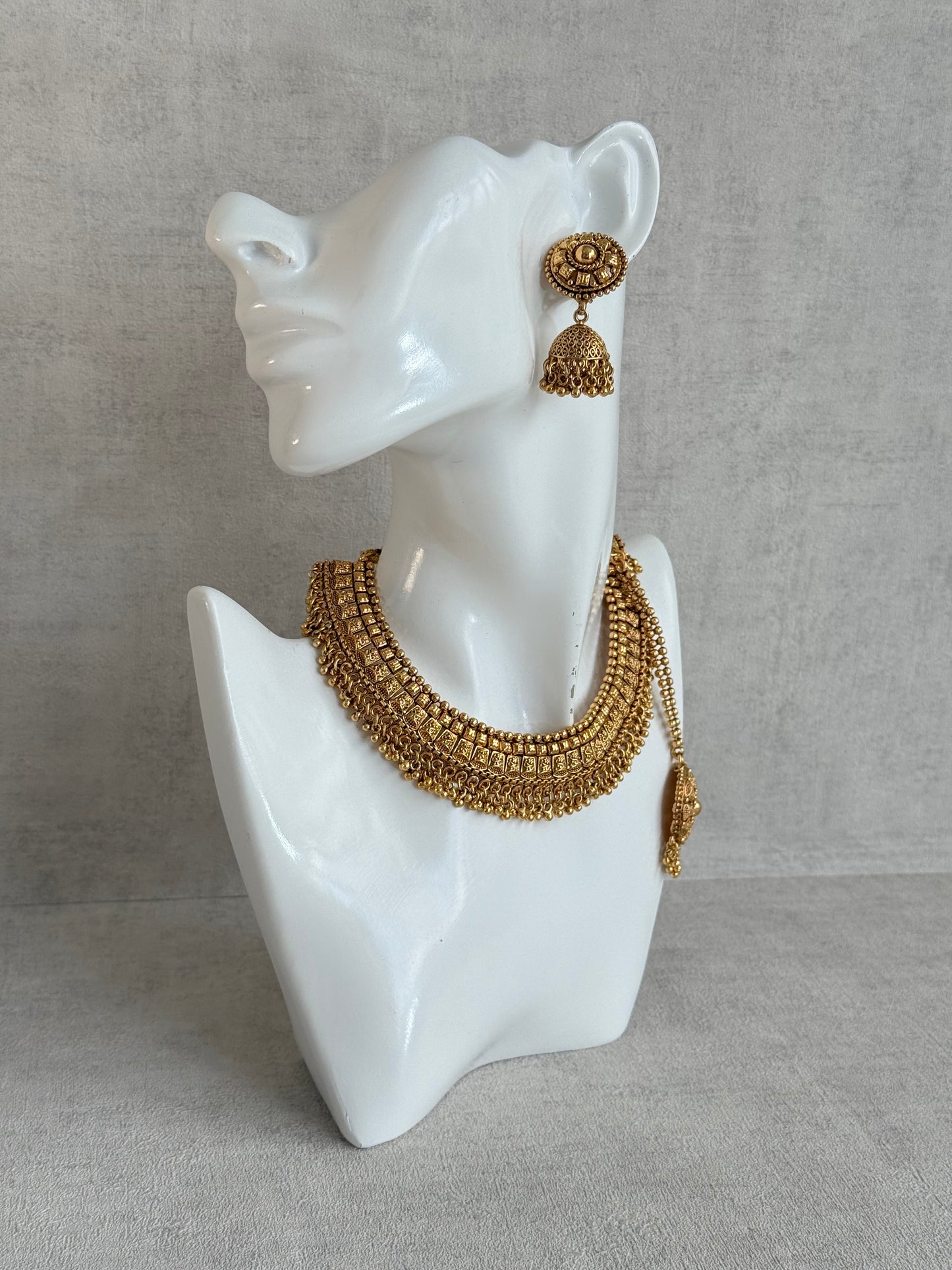 Ayura Designs Iksirat Necklace Set with Jhumkis & Tikka – Gold Heritage Design with Ghungroo Detailing