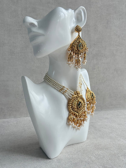 Ayura Designs Afia Necklace Set with Earrings & Tikka – Antique Gold, Ivory Pearls, Green Centre Stone & Peacock Motifs