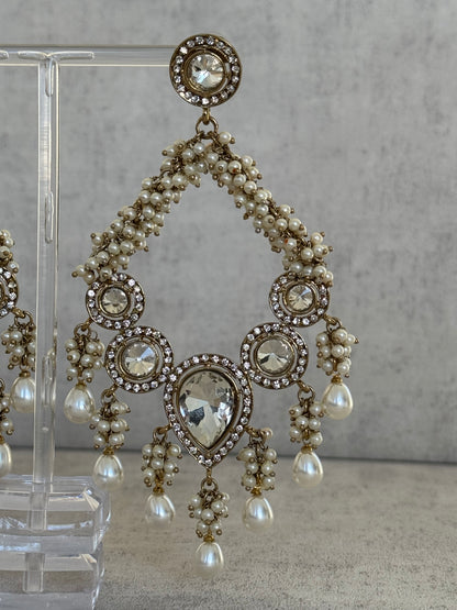 Ayura Designs Fana Chand Bali – Antique Gold Crescent Earrings with Pearls & Crystals