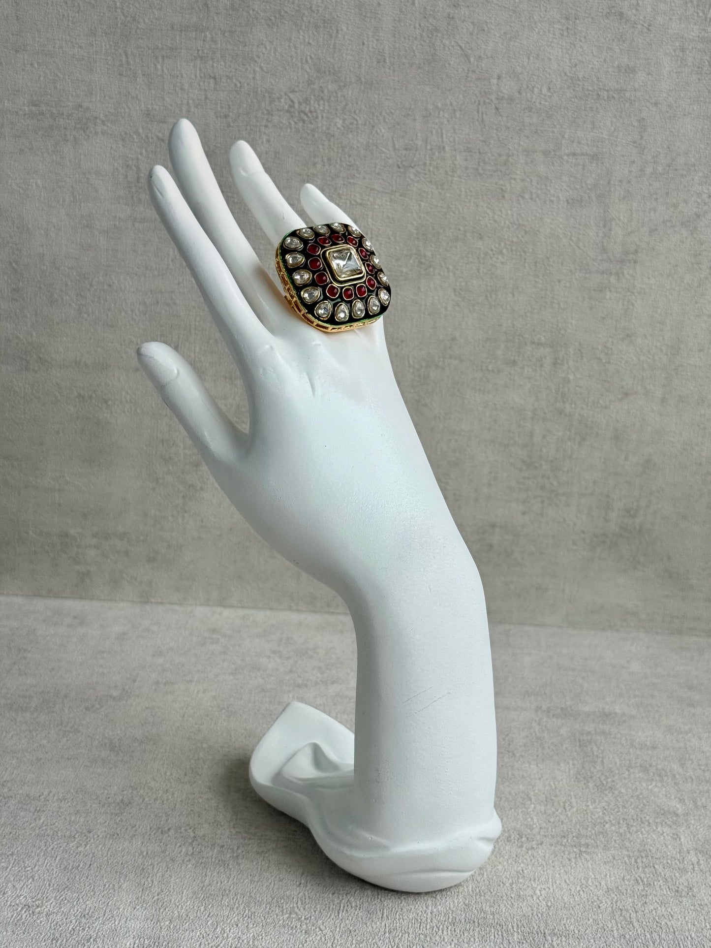 Ayura Designs Arzoo Adjustable Ring – Mirror-Cut Stone Centre with Ruby Pink Stones, Green Enamel & Crystal Detailing